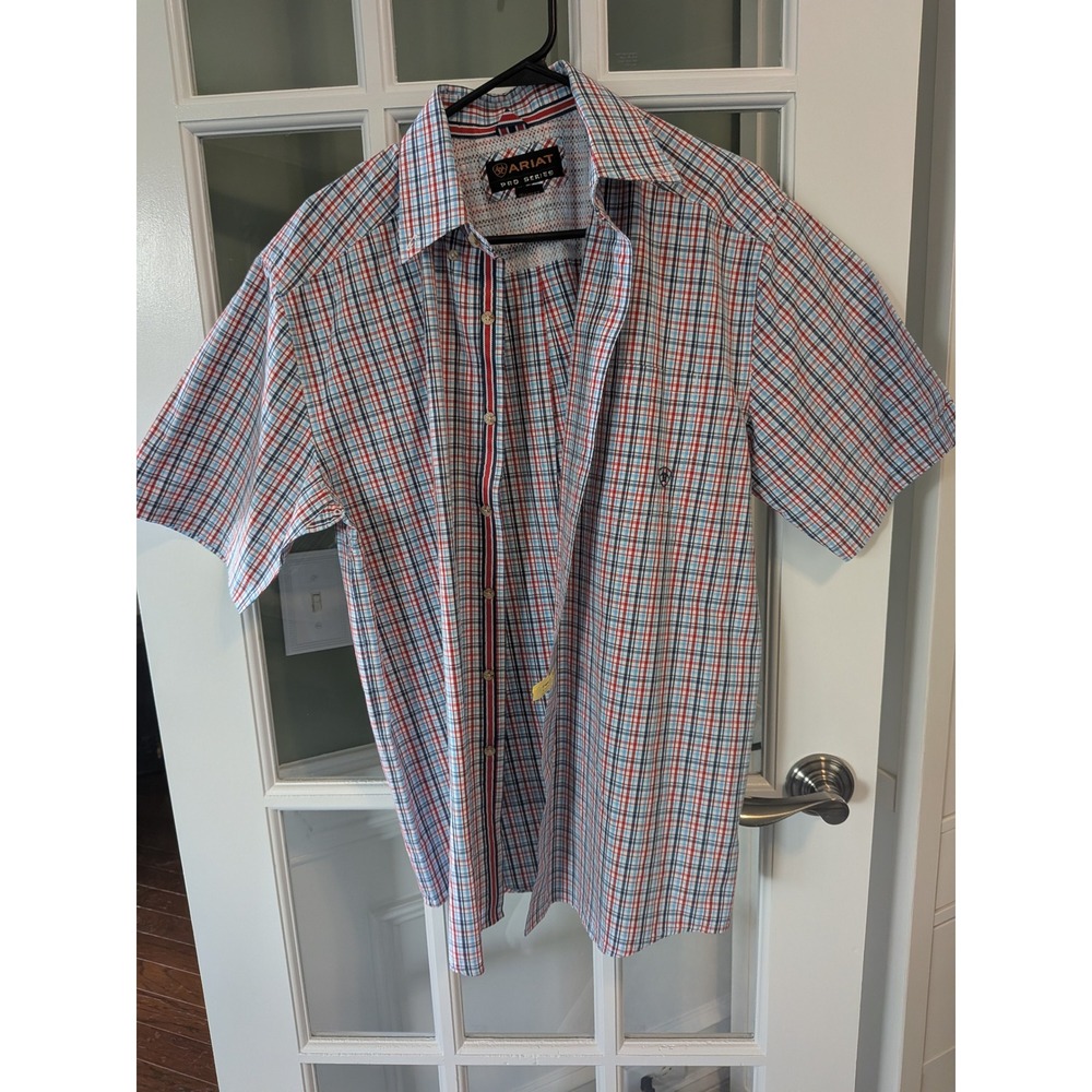 Ariat Pro Series Mens Medium Red White Blue Plaid Short Sleeve Western Shirt